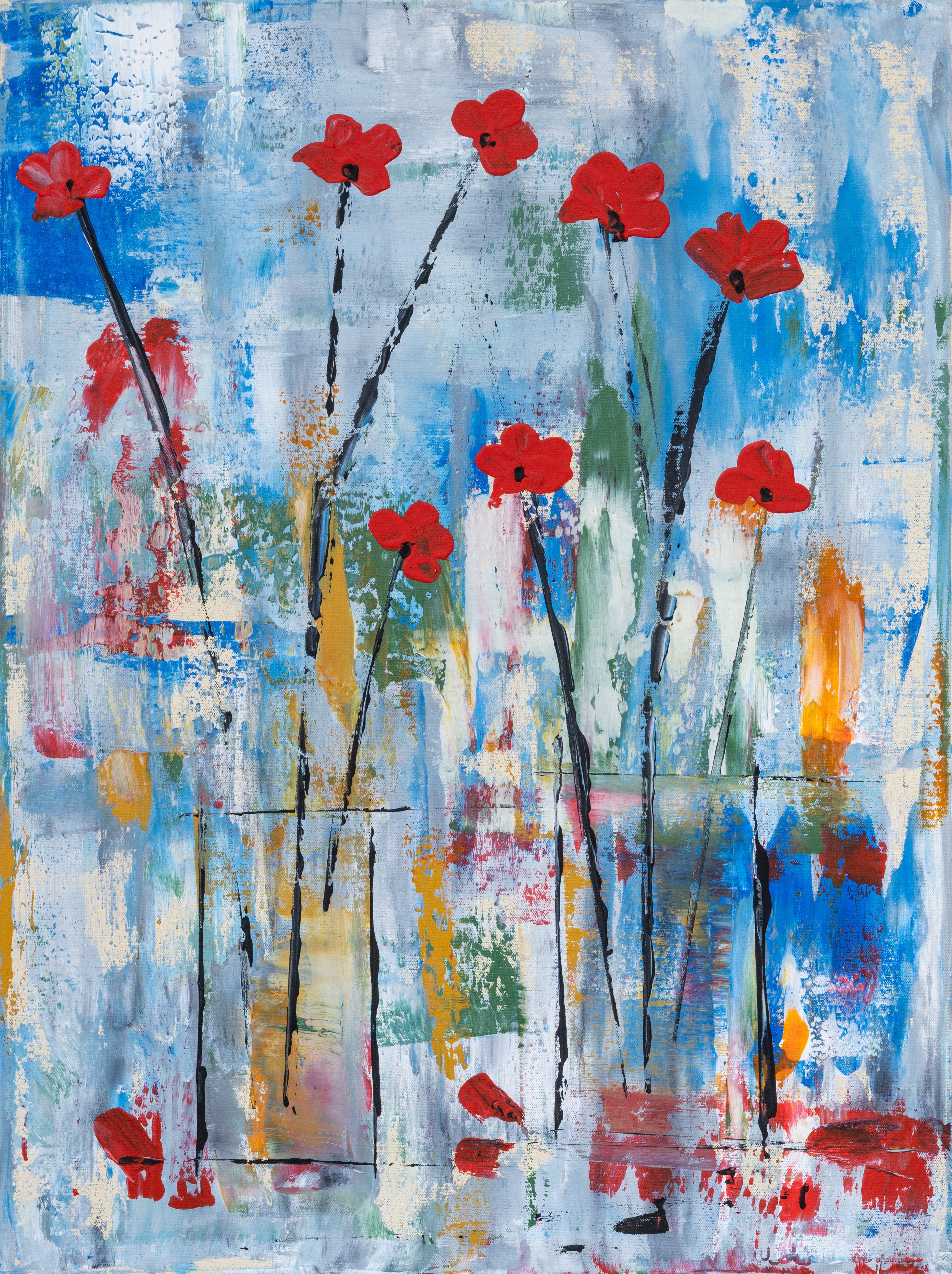 24024 – rote Blumen, Mischtechnik, 60 × 80 cm
