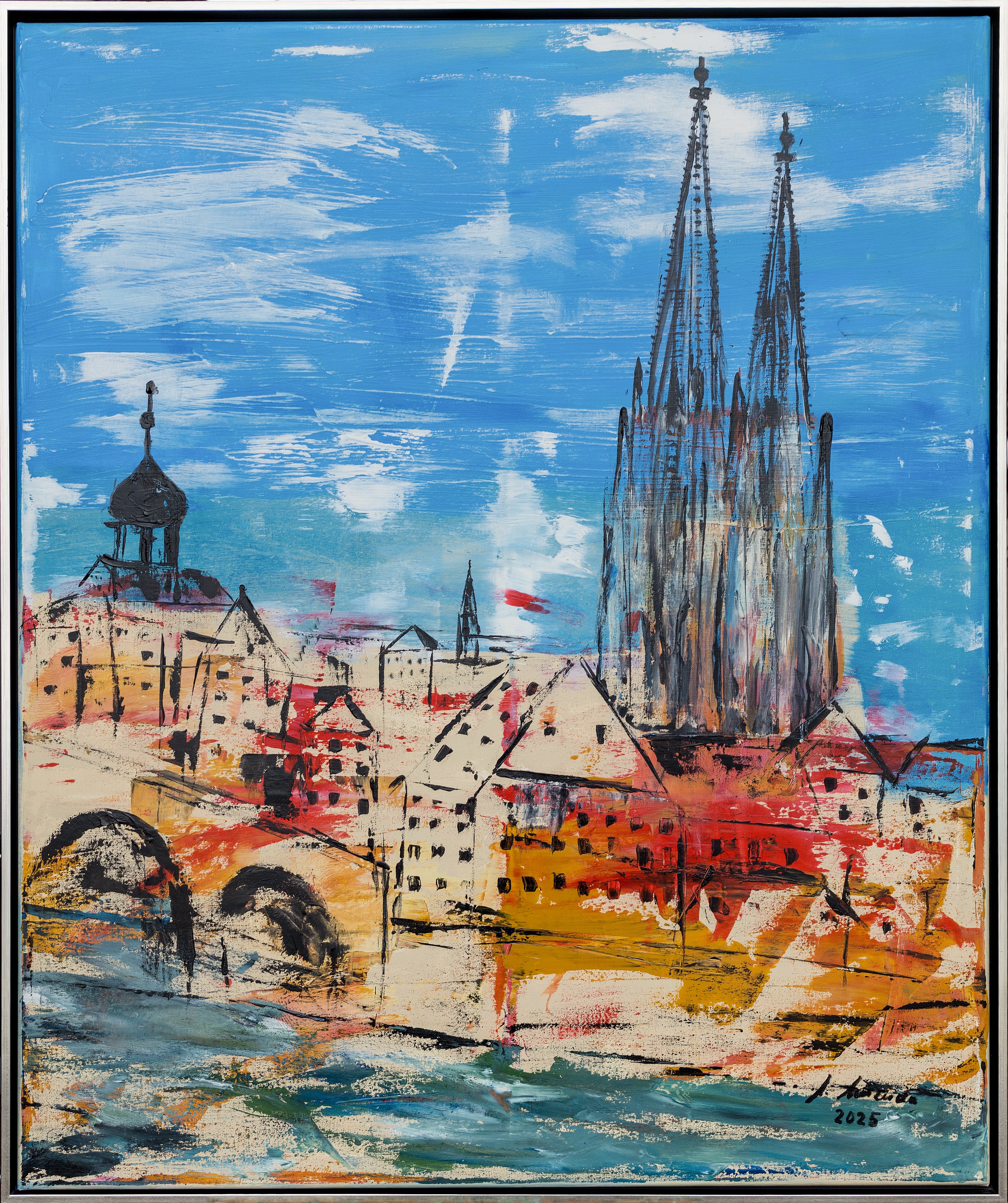 25054 – steinerne Brücke und Dom in Regensburg, Acryl, 120 × 100 cm